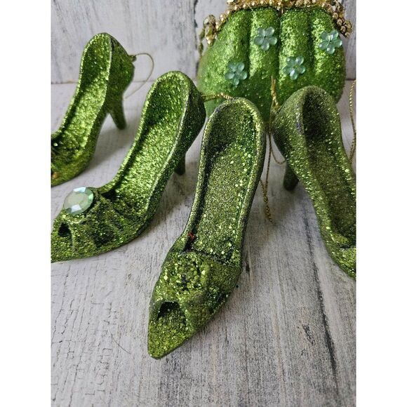 Green sparkle glitter stiletto heel shoe per set ornament Xmas tree purse - Picture 2 of 12
